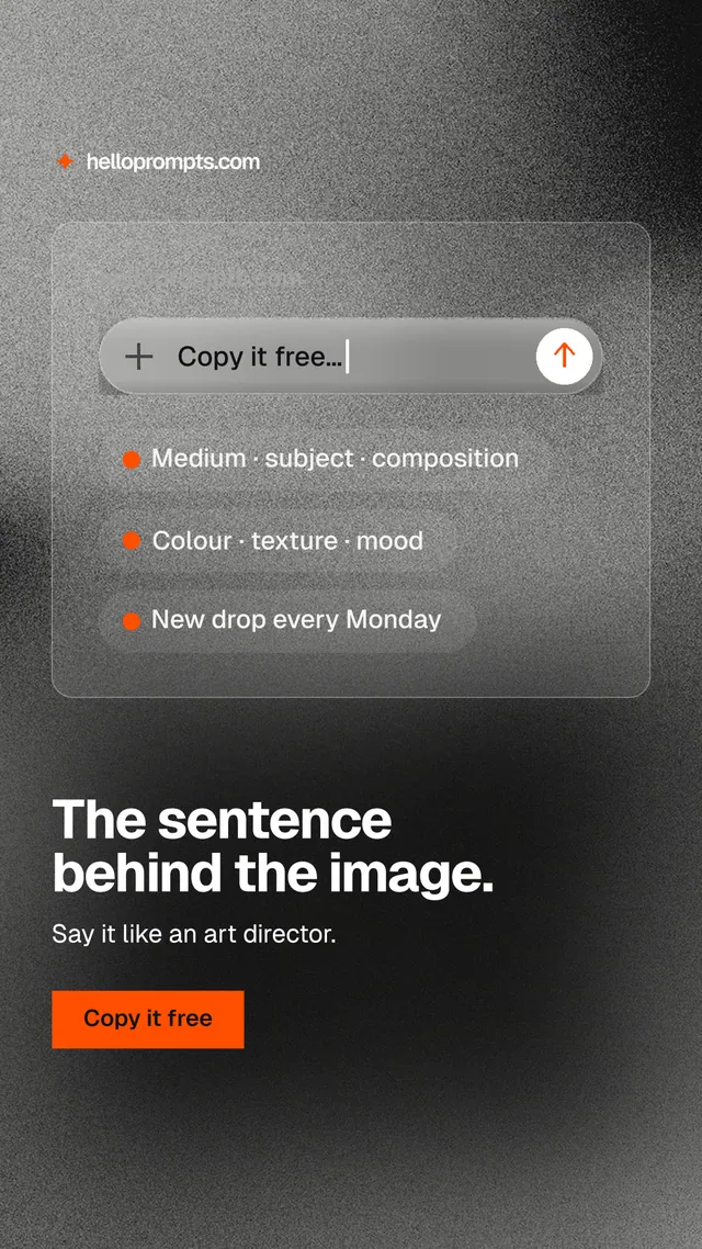 Instagram story for HelloPrompts: "The sentence behind the image." Swiss style, bottom layout, dark palette in black, grey.