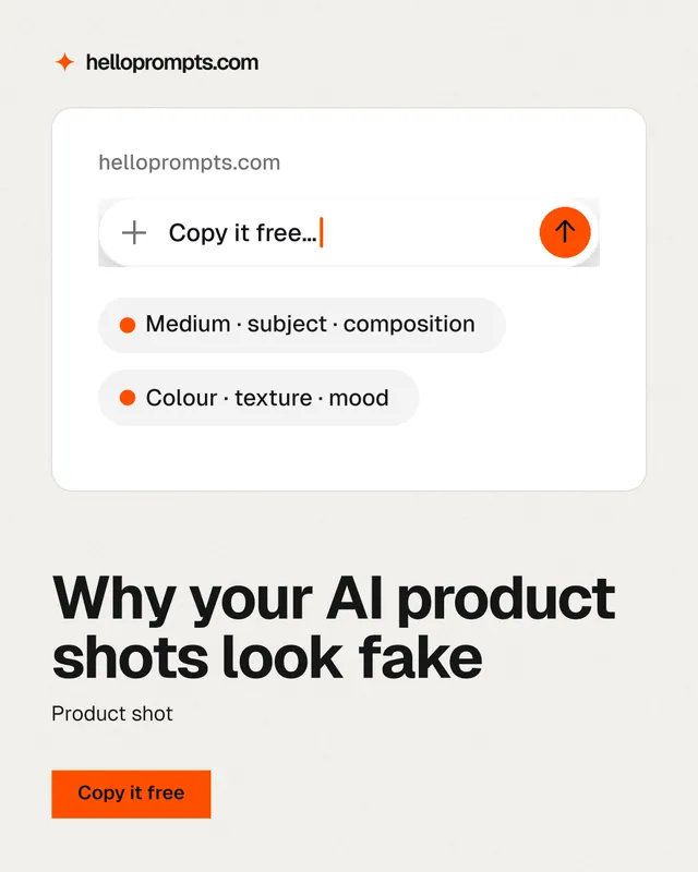 Instagram portrait post for HelloPrompts: "Why your AI product shots look fake". Swiss style, bottom layout, light palette in white, grey.