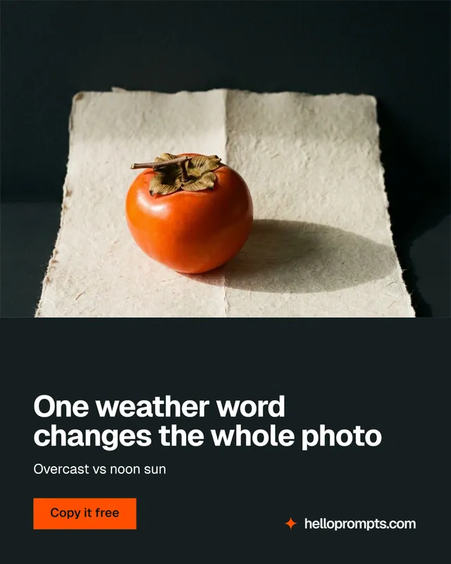 Instagram portrait post for HelloPrompts: "One weather word changes the whole photo". Swiss style, bottom layout, dark palette in black, yellow, orange.