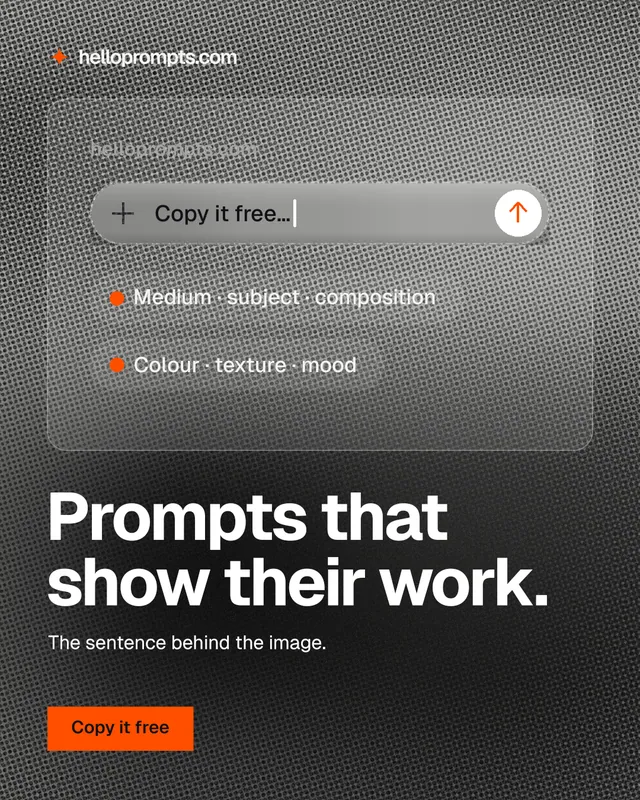 Instagram portrait post for HelloPrompts: "Prompts that show their work." Swiss style, bottom layout, dark palette in black, grey.
