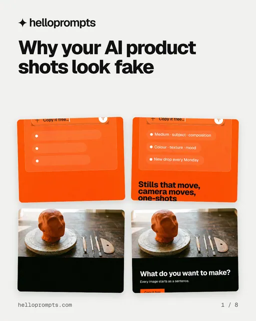 Carousel for HelloPrompts: "Why your AI product shots look fake". Collection carousel, 8 slides, light palette.