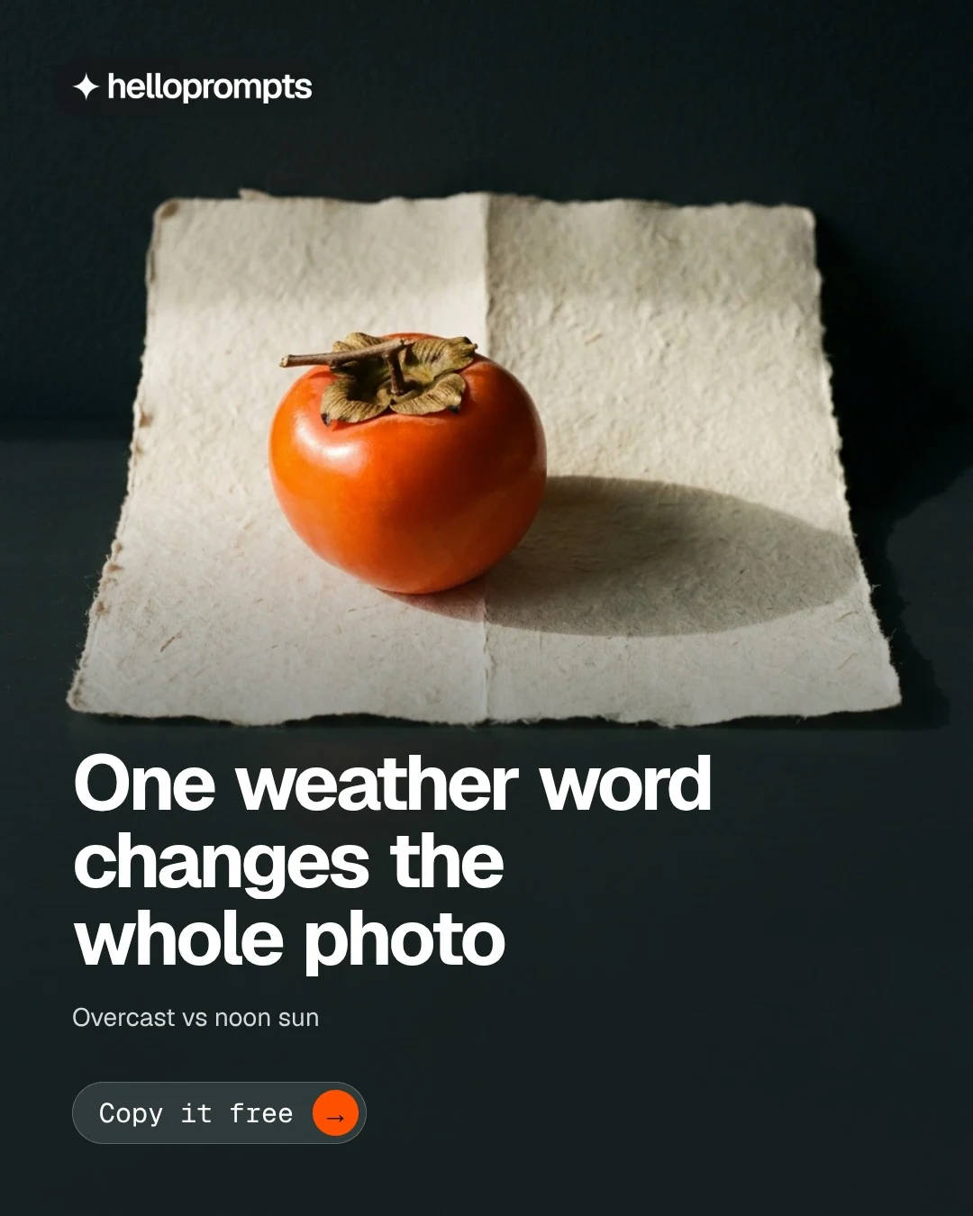 Video for HelloPrompts: "One weather word changes the whole photo". Doc motion loop, 7.0 s, dark palette.