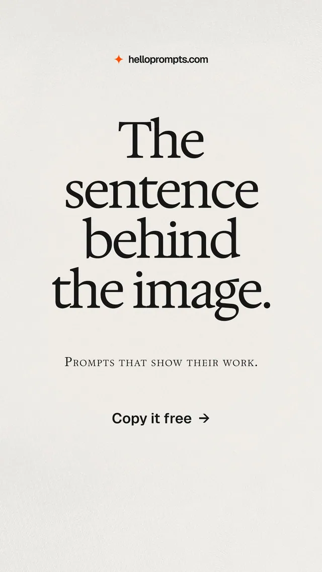 Instagram story for HelloPrompts: "The sentence behind the image." Swiss style, smallcaps layout, light palette in white, grey.