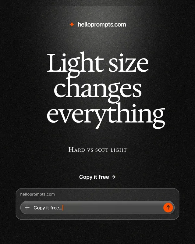 Instagram portrait post for HelloPrompts: "Light size changes everything". Dark deco style, smallcaps layout, dark palette in black, grey.