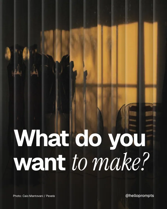 Instagram portrait post for HelloPrompts: "What do you want to make?" Photo style, technique:fluted glass layout, dark palette in brown, black.