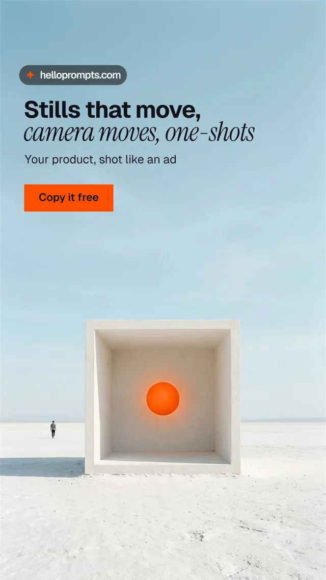 Instagram story for HelloPrompts: "Stills that move, camera moves, one-shots". Swiss style, bottom layout, light palette in blue, white, grey.