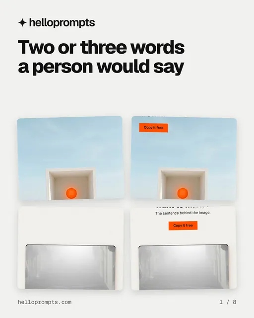 Carousel for HelloPrompts: "Two or three words a person would say". Collection carousel, 8 slides, light palette.