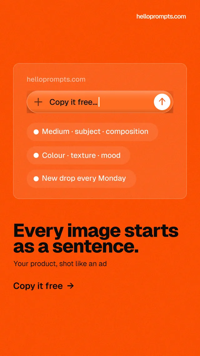 Instagram story for HelloPrompts: "Every image starts as a sentence." Turn card style, bottom layout, light palette in orange.