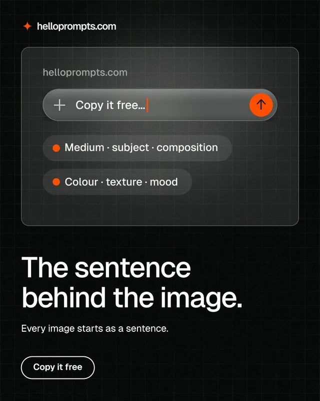 Instagram portrait post for HelloPrompts: "The sentence behind the image." Phosphor atlas style, bottom layout, dark palette in black, grey.