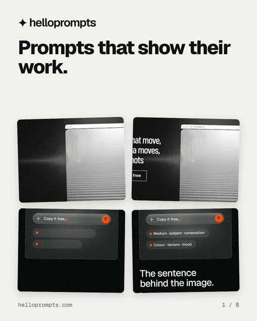 Carousel for HelloPrompts: "Prompts that show their work.". Collection carousel, 8 slides, light palette.