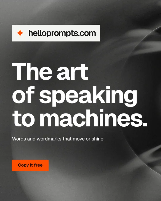 Instagram portrait post for HelloPrompts: "The art of speaking to machines." Swiss style, announce layout, dark palette in black, grey, white.