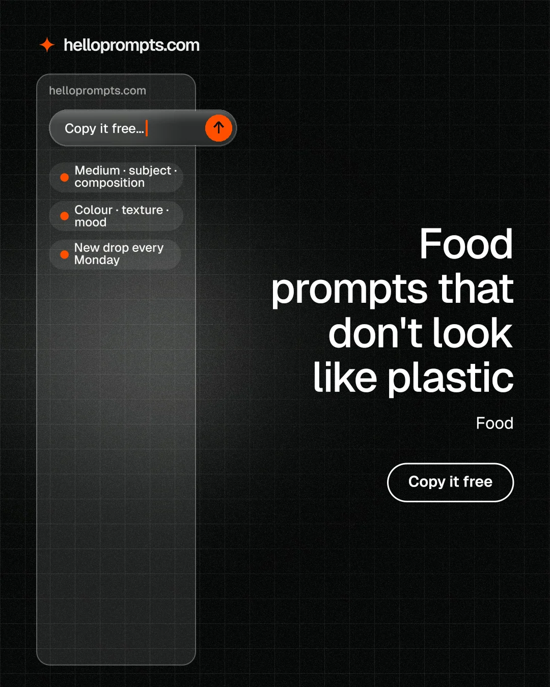 Instagram portrait post for HelloPrompts: "Food prompts that don't look like plastic". Phosphor atlas style, right layout, dark palette in black, grey.