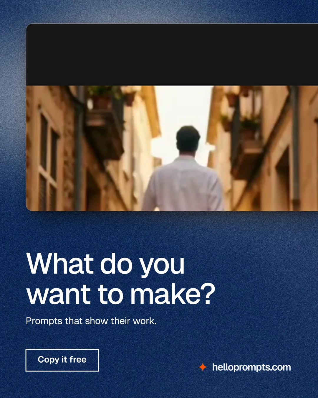 Instagram portrait post for HelloPrompts: "What do you want to make?" Cyanotype style, bottom layout, dark palette in blue, black, grey.