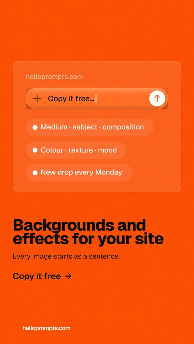 Instagram story for HelloPrompts: "Backgrounds and effects for your site". Turn card style, bottom layout, light palette in orange.