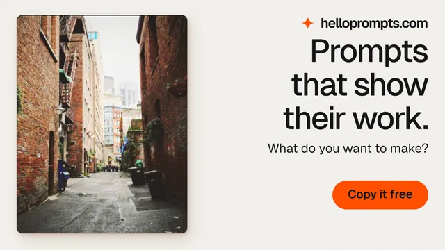 Landscape graphic for HelloPrompts: "Prompts that show their work." Data card style, right layout, light palette in white, orange, grey.
