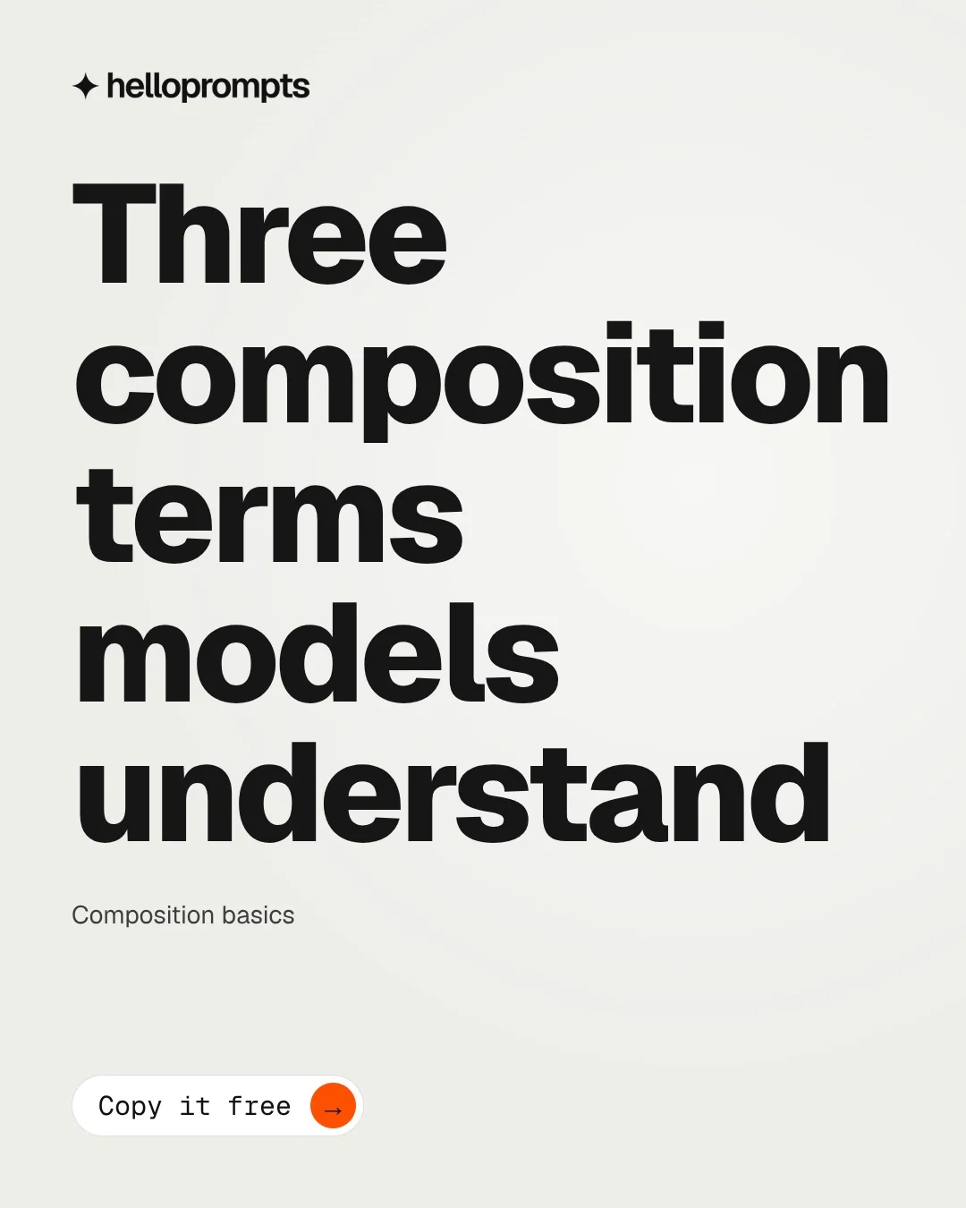 Video for HelloPrompts: "Three composition terms models understand". Doc motion loop, 7.0 s, light palette.