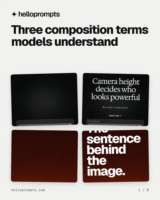 Carousel for HelloPrompts: "Three composition terms models understand". Collection carousel, 8 slides, light palette.