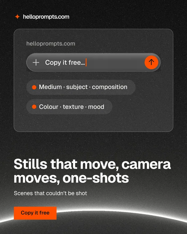 Instagram portrait post for HelloPrompts: "Stills that move, camera moves, one-shots". Swiss style, bottom layout, dark palette in black, grey.