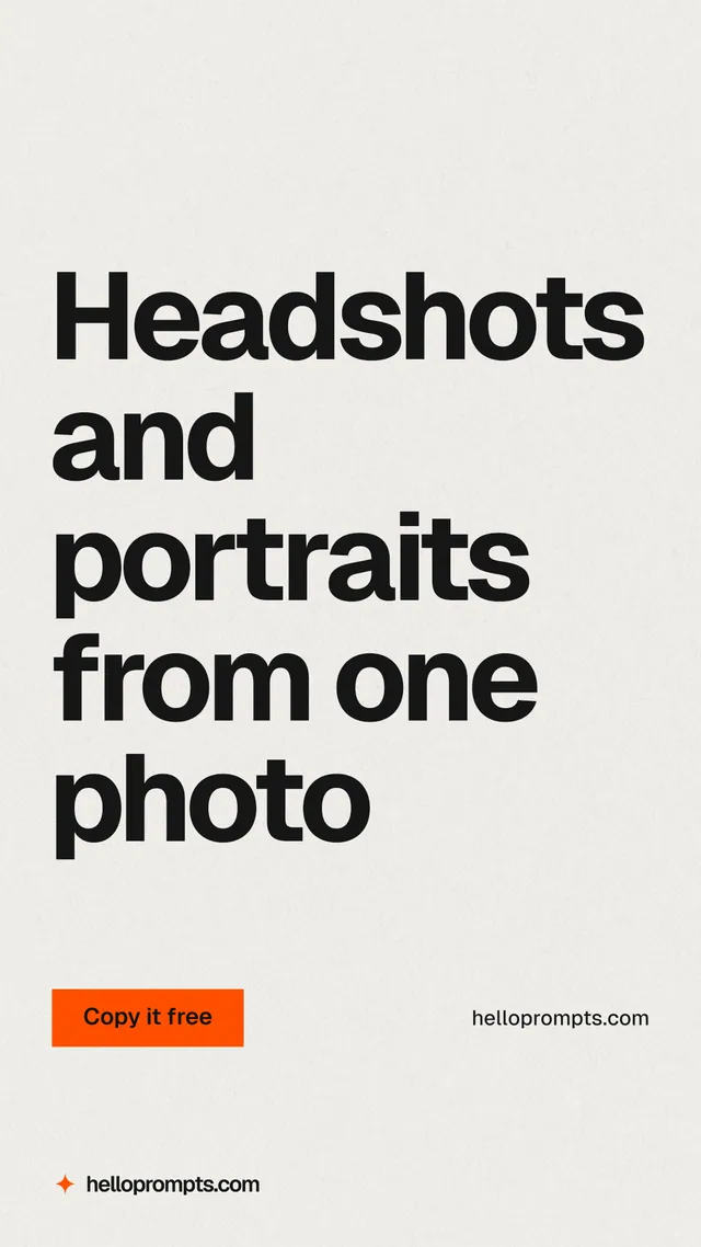 Instagram story for HelloPrompts: "Headshots and portraits from one photo". Swiss style, poster layout, light palette in white, grey.