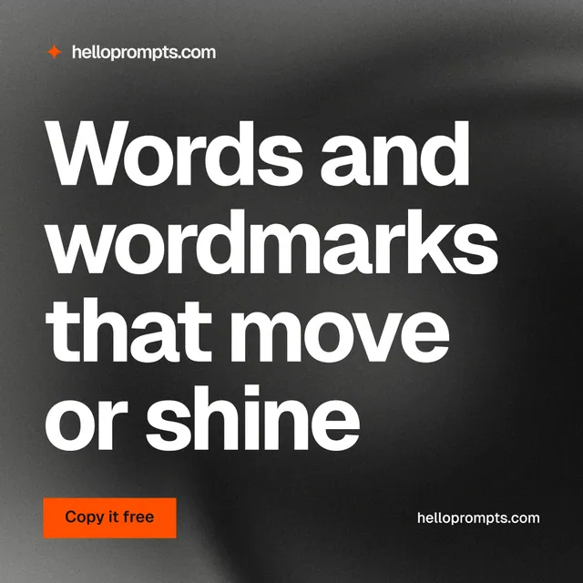 Instagram post for HelloPrompts: "Words and wordmarks that move or shine". Swiss style, poster layout, dark palette in black, grey, white.