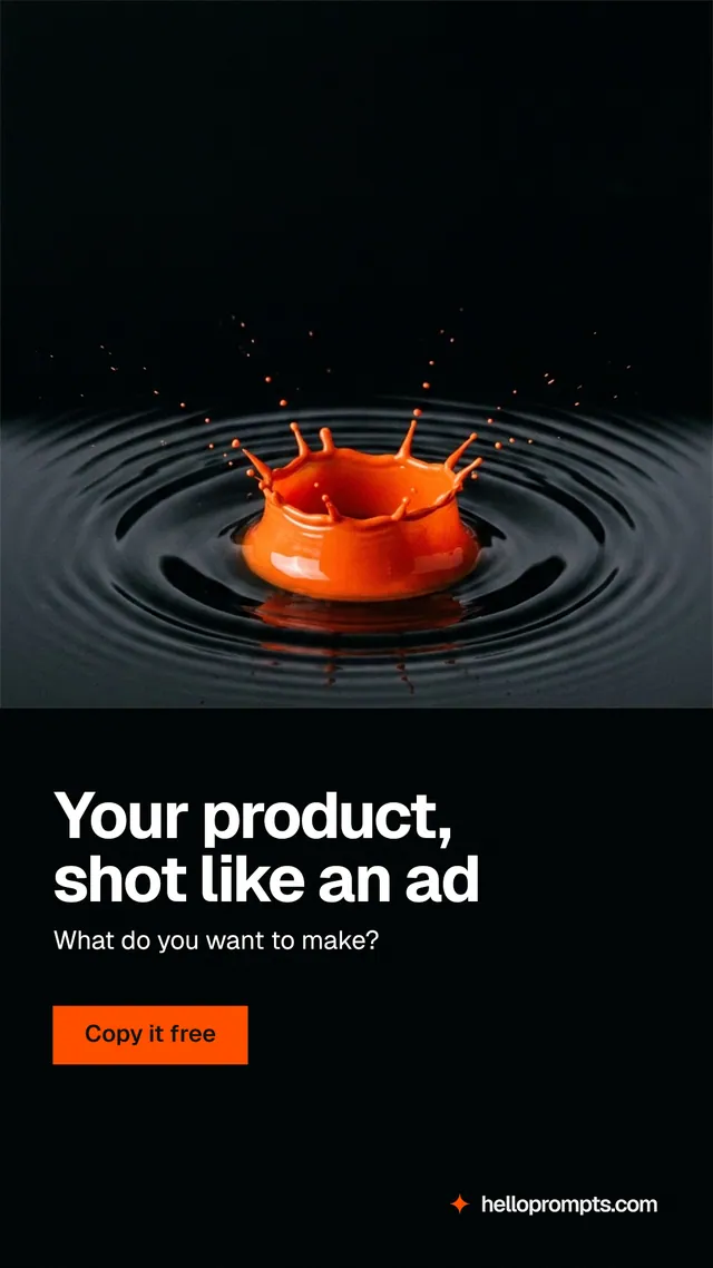 Instagram story for HelloPrompts: "Your product, shot like an ad". Swiss style, bottom layout, dark palette in black, grey.
