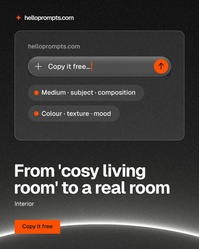Instagram portrait post for HelloPrompts: "From 'cosy living room' to a real room". Swiss style, bottom layout, dark palette in black, grey.