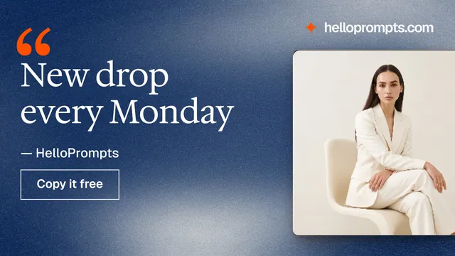 Landscape graphic for HelloPrompts: "New drop every Monday". Cyanotype style, quote layout, light palette in blue, grey, orange.