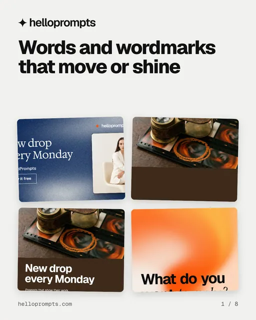 Carousel for HelloPrompts: "Words and wordmarks that move or shine". Collection carousel, 8 slides, light palette.