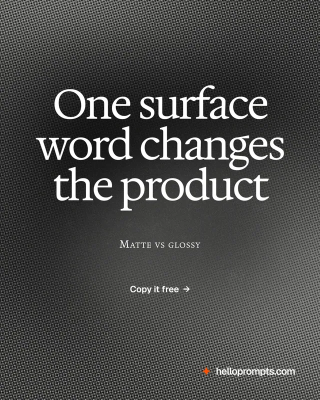 Instagram portrait post for HelloPrompts: "One surface word changes the product". Swiss style, smallcaps layout, dark palette in black, grey.