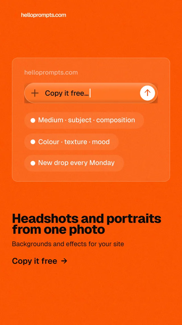 Instagram story for HelloPrompts: "Headshots and portraits from one photo". Turn card style, bottom layout, light palette in orange.