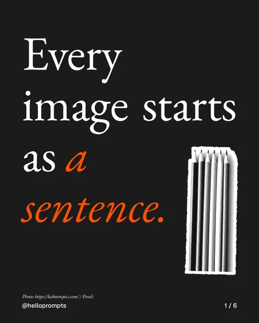 Carousel for HelloPrompts: "Every image starts as a sentence.". Cutout essay, 6 slides, dark palette.