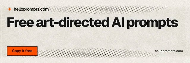 X header for HelloPrompts: "Free art-directed AI prompts". Ink sticker style, poster layout, light palette in white, yellow, grey.