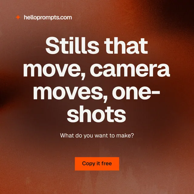 Instagram post for HelloPrompts: "Stills that move, camera moves, one-shots". Swiss style, centred layout, dark palette in red, grey.
