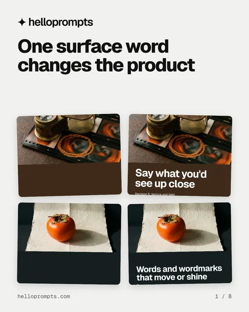 Carousel for HelloPrompts: "One surface word changes the product". Collection carousel, 8 slides, light palette.