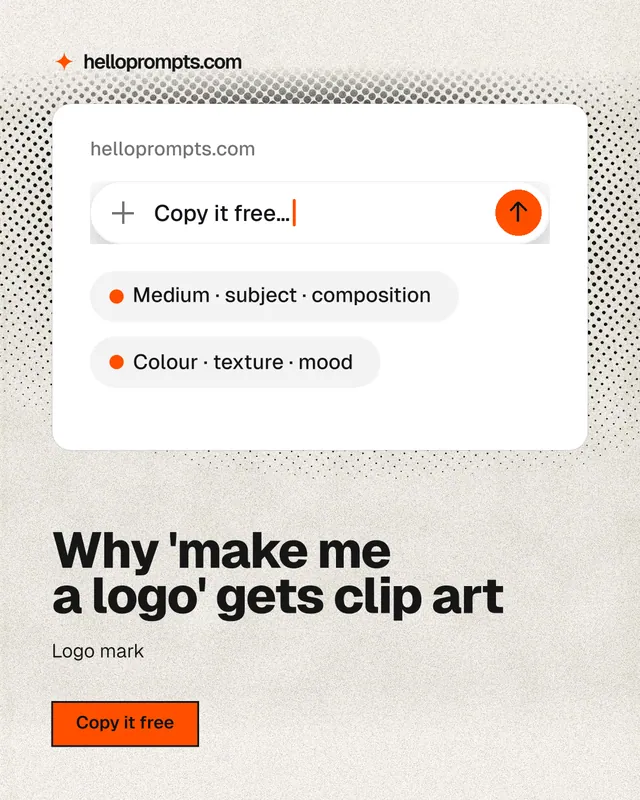 Instagram portrait post for HelloPrompts: "Why 'make me a logo' gets clip art". Ink sticker style, bottom layout, light palette in white, grey.
