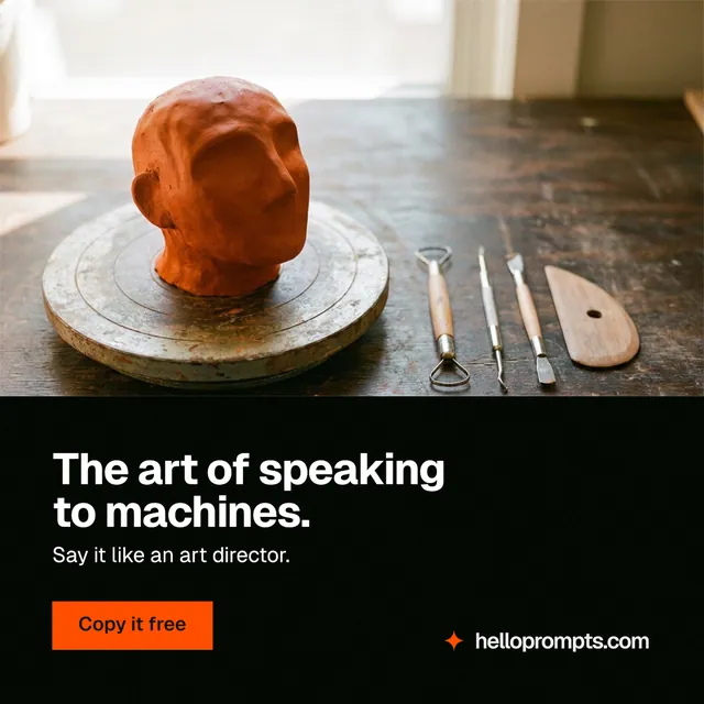 Instagram post for HelloPrompts: "The art of speaking to machines." Swiss style, bottom layout, dark palette in black, white, orange.