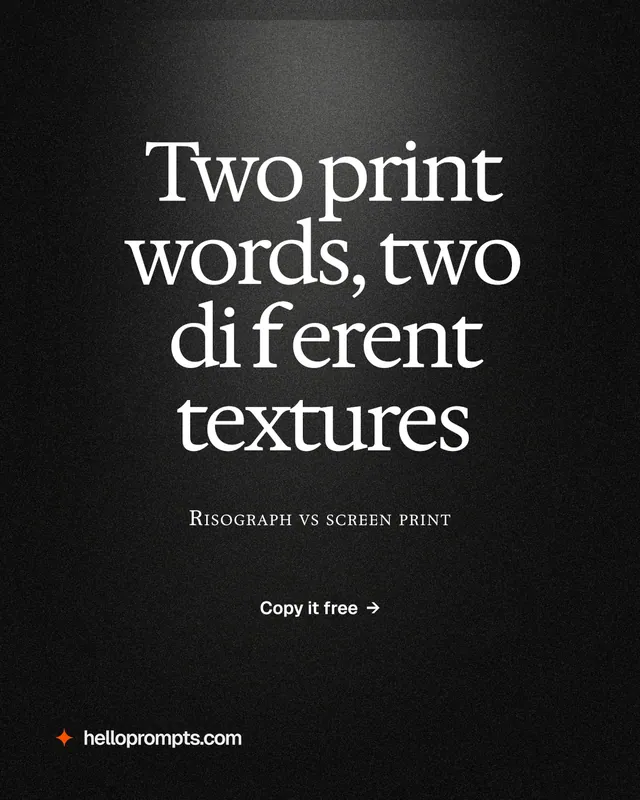 Instagram portrait post for HelloPrompts: "Two print words, two different textures". Dark deco style, smallcaps layout, dark palette in black, grey.