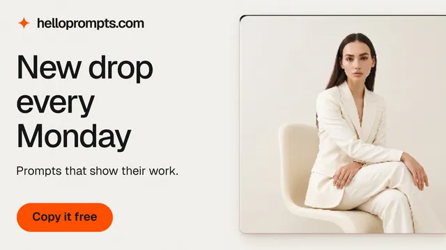 Landscape graphic for HelloPrompts: "New drop every Monday". Data card style, bottom layout, light palette in white, orange, yellow.