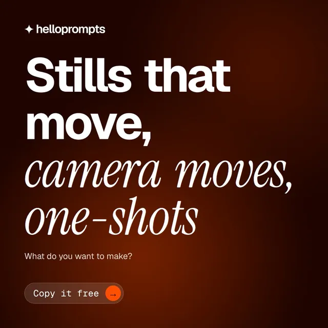 Video for HelloPrompts: "Stills that move, camera moves, one-shots". Doc motion loop, 8.0 s, dark palette.