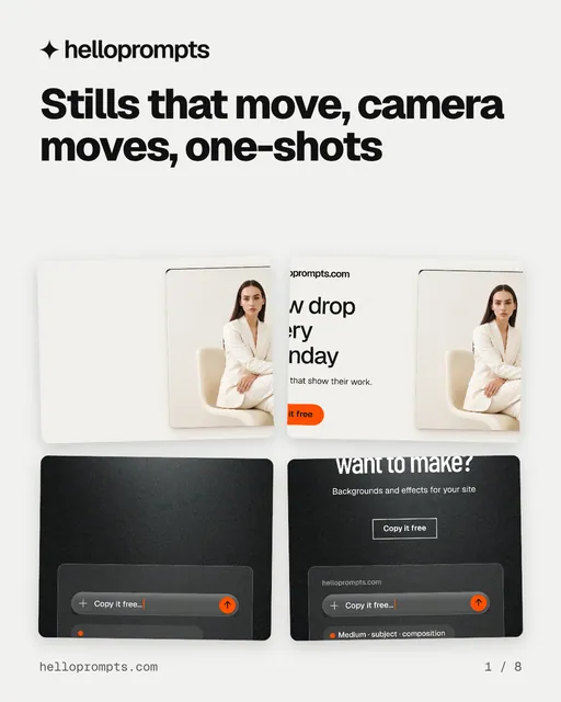 Carousel for HelloPrompts: "Stills that move, camera moves, one-shots". Collection carousel, 8 slides, light palette.