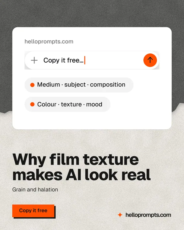Instagram portrait post for HelloPrompts: "Why film texture makes AI look real". Paper trio style, bottom layout, light palette in white, grey.