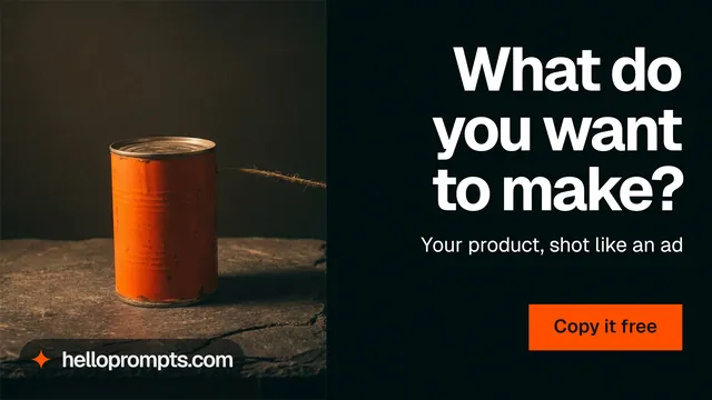 Landscape graphic for HelloPrompts: "What do you want to make?" Swiss style, right layout, dark palette in black, orange.