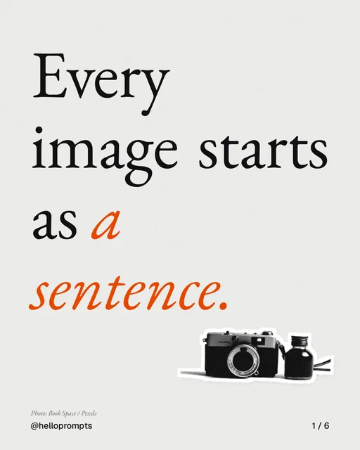 Carousel for HelloPrompts: "Every image starts as a sentence.". Cutout essay, 6 slides, light palette.