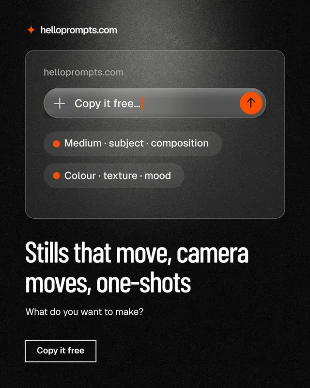 Instagram portrait post for HelloPrompts: "Stills that move, camera moves, one-shots". Dark deco style, bottom layout, dark palette in black, grey.