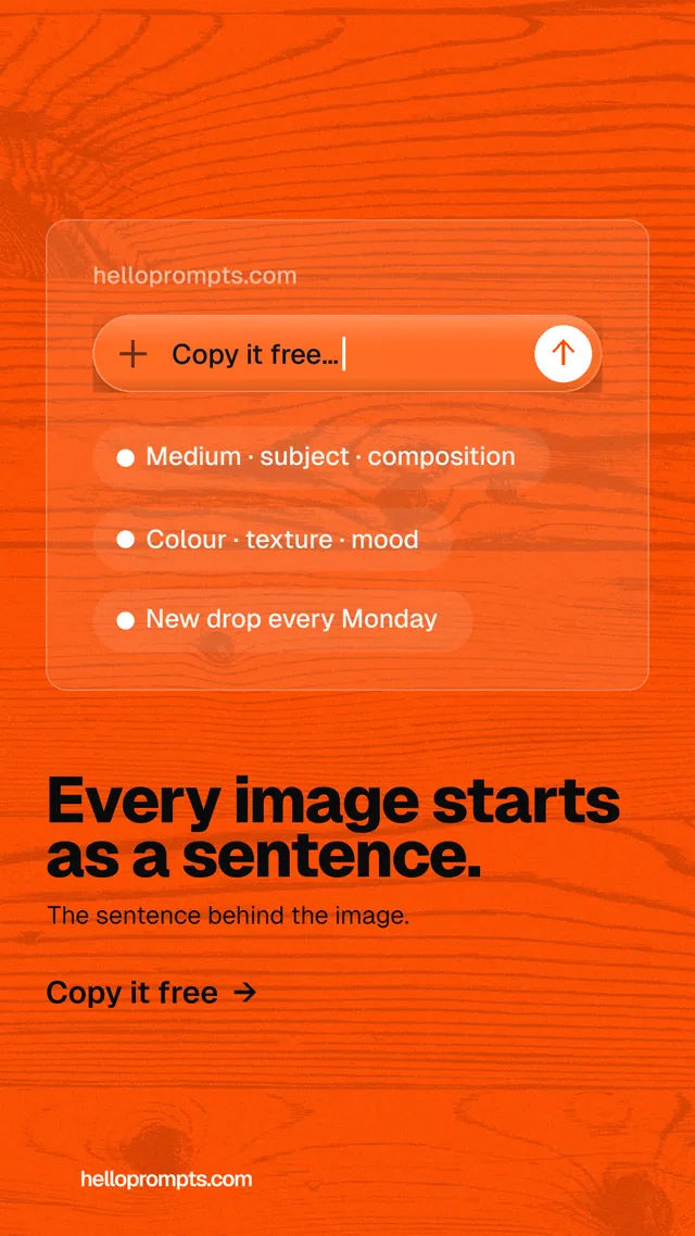 Instagram story for HelloPrompts: "Every image starts as a sentence." Turn card style, bottom layout, light palette in orange.