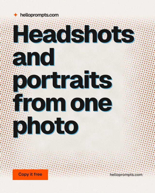 Instagram portrait post for HelloPrompts: "Headshots and portraits from one photo". Retro print style, poster layout, light palette in orange, grey, white.