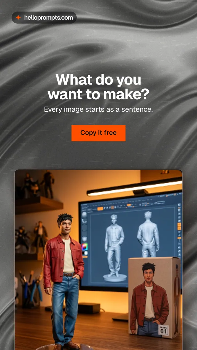 Instagram story for HelloPrompts: "What do you want to make?" Swiss style, centred layout, dark palette in grey, black, orange.