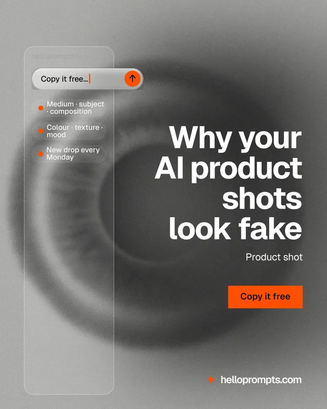 Instagram portrait post for HelloPrompts: "Why your AI product shots look fake". Swiss style, right layout, light palette in black, grey.