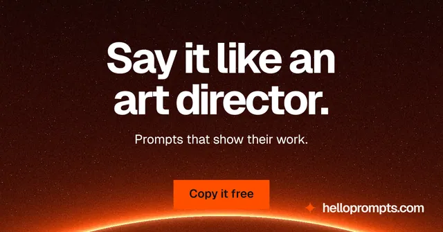 Social ad for HelloPrompts: "Say it like an art director." Swiss style, centred layout, dark palette in black, red, orange.