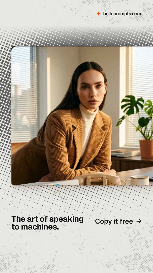 Instagram story for HelloPrompts: "The art of speaking to machines." Swiss style, image led layout, light palette in white, orange.